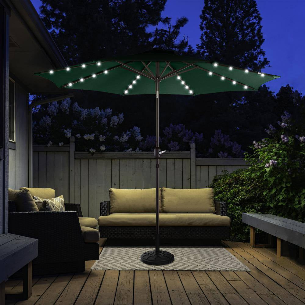 9 Ft. Steel Solar LED Lighted Patio Market Umbrella with Auto Tilt, Easy Crank Lift in Green