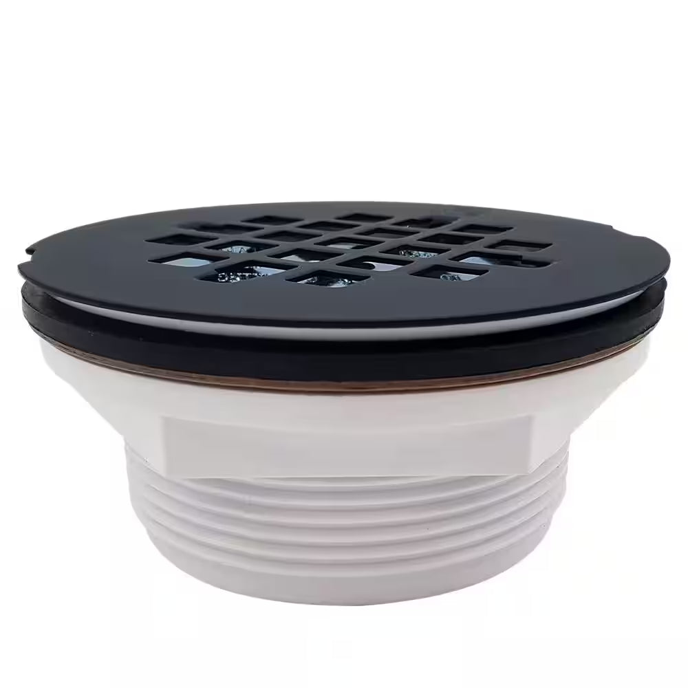 2 In. No-Caulk PVC Compression Shower Drain with 4-1/4 In. round Grid Cover, Matte Black