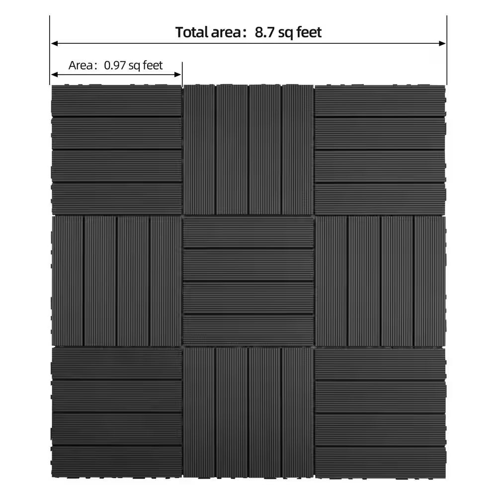 11.8 In. X 11.8 In. Black Wood-Plastic Composite Interlocking Deck Tiles (9 per Case), WPC Flooring Tiles for Balconies