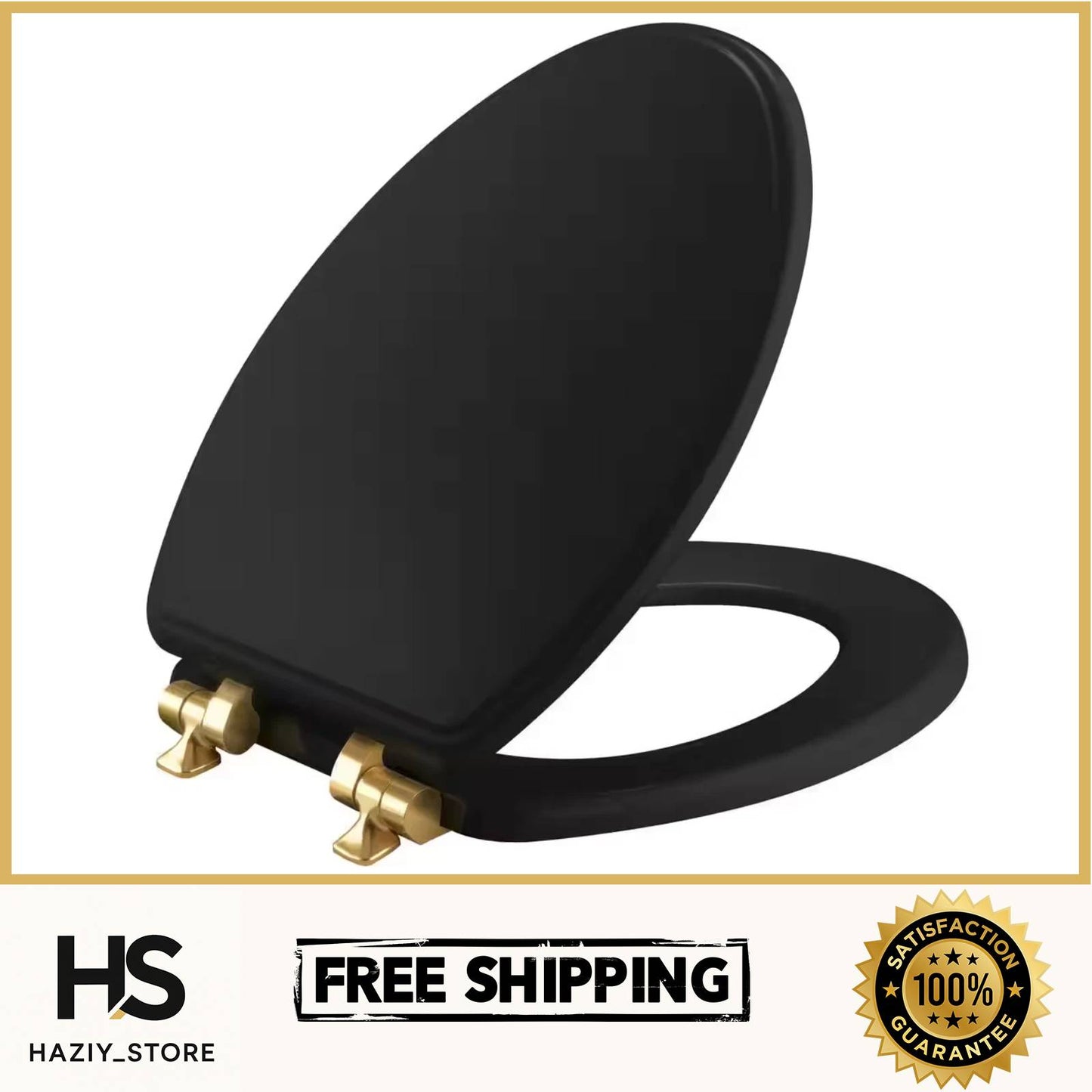 Weston Elongated Soft-Close Never-Loosens Brushed-Gold-Hinge Enameled Wood Toilet Seat in Black