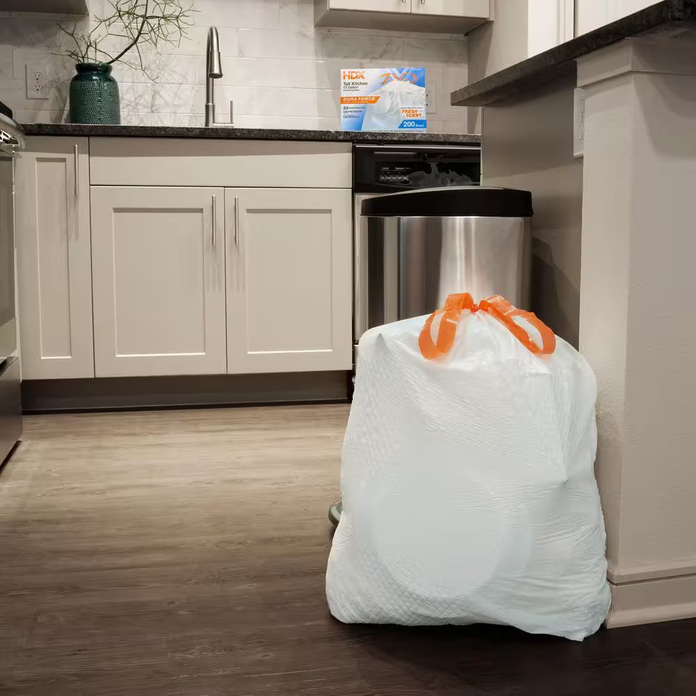 13 Gallon Reinforced Top Drawstring Fresh Scented Tall Kitchen Trash Bags with 20% PCR (200-Count)