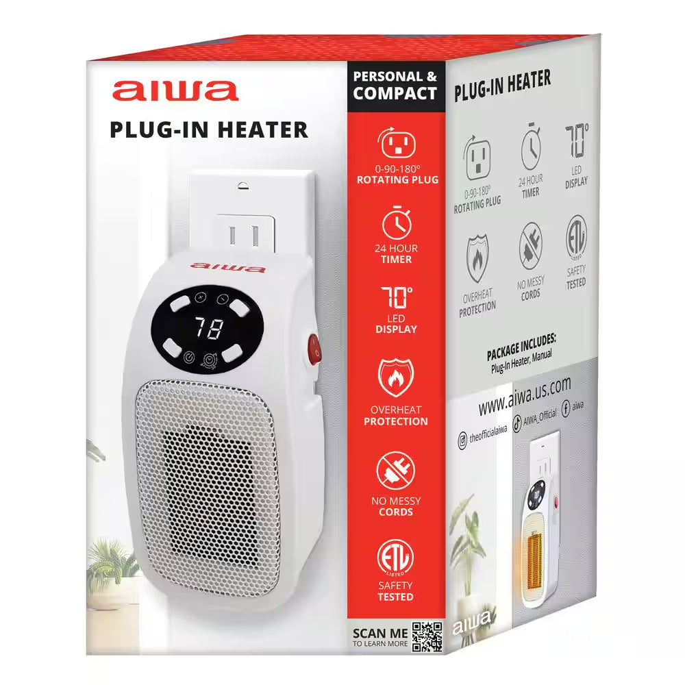 7.87 in Electric Outlet Ceramic Plug-In Space Heater, LCD Digital Screen, up to 24-Hour Timer, 400-Watt