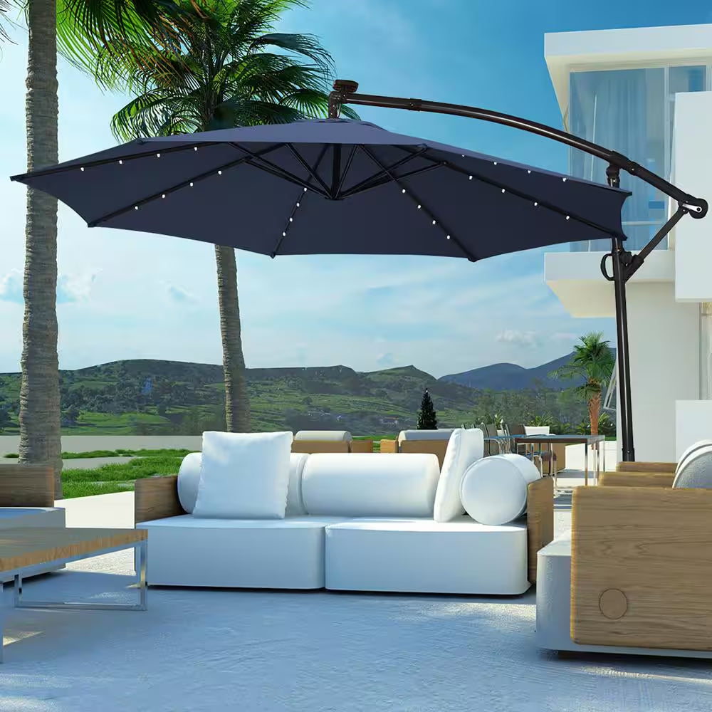 10 Ft. 360° Rotation Aluminum Offset Cantilever Solar Tilt Patio Umbrella LED Lights in Navy