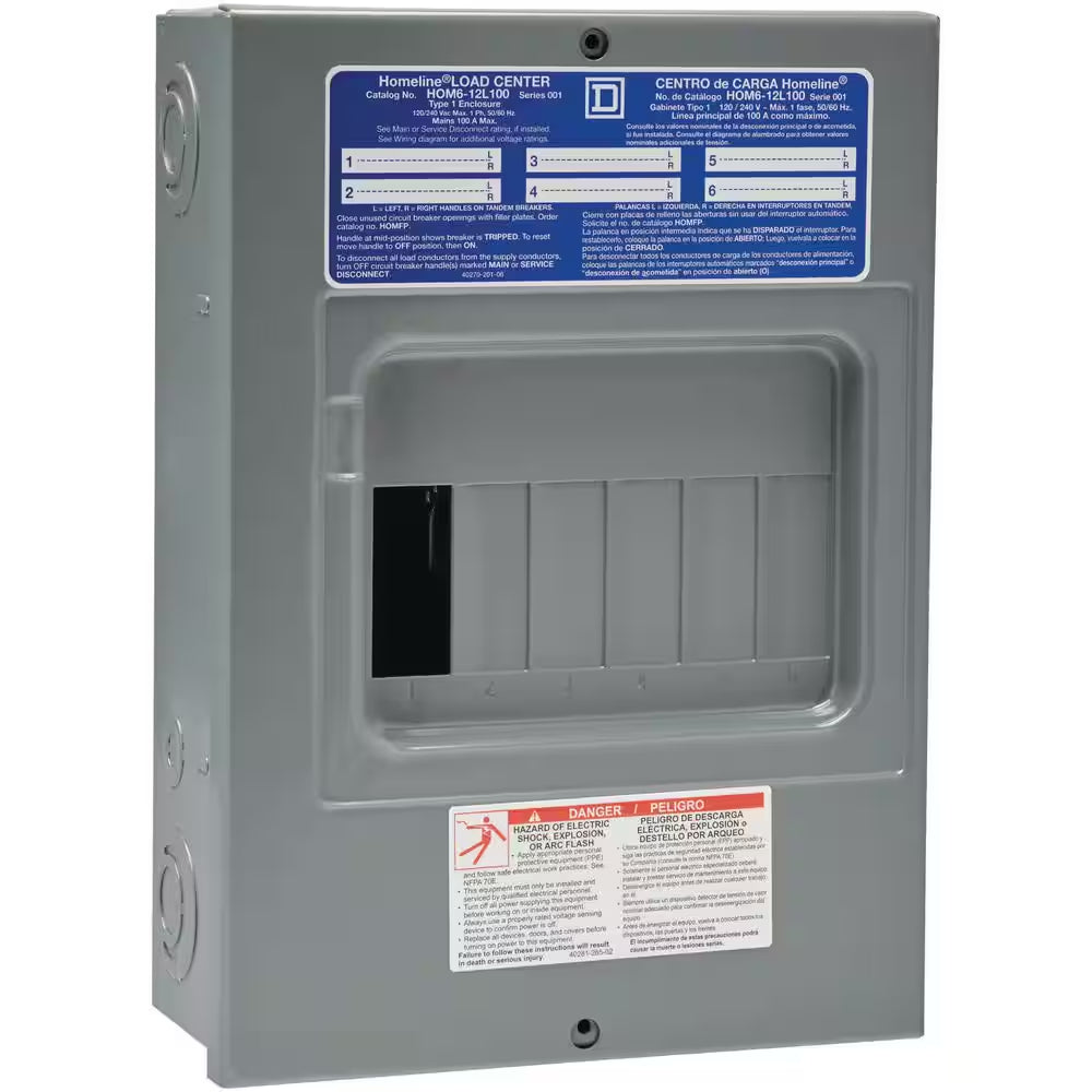 Homeline 100 Amp 6-Space 12-Circuit Indoor Surface Mount Main Lug Load Center with Cover