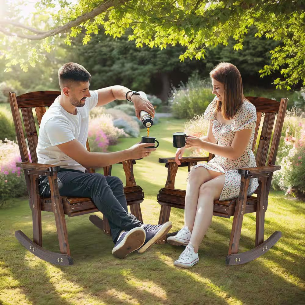 Rustic Heavy Duty 600 Lbs. Wood Outdoor Rocking Chair with Ergonomic Design for Garden, Yard, Patio