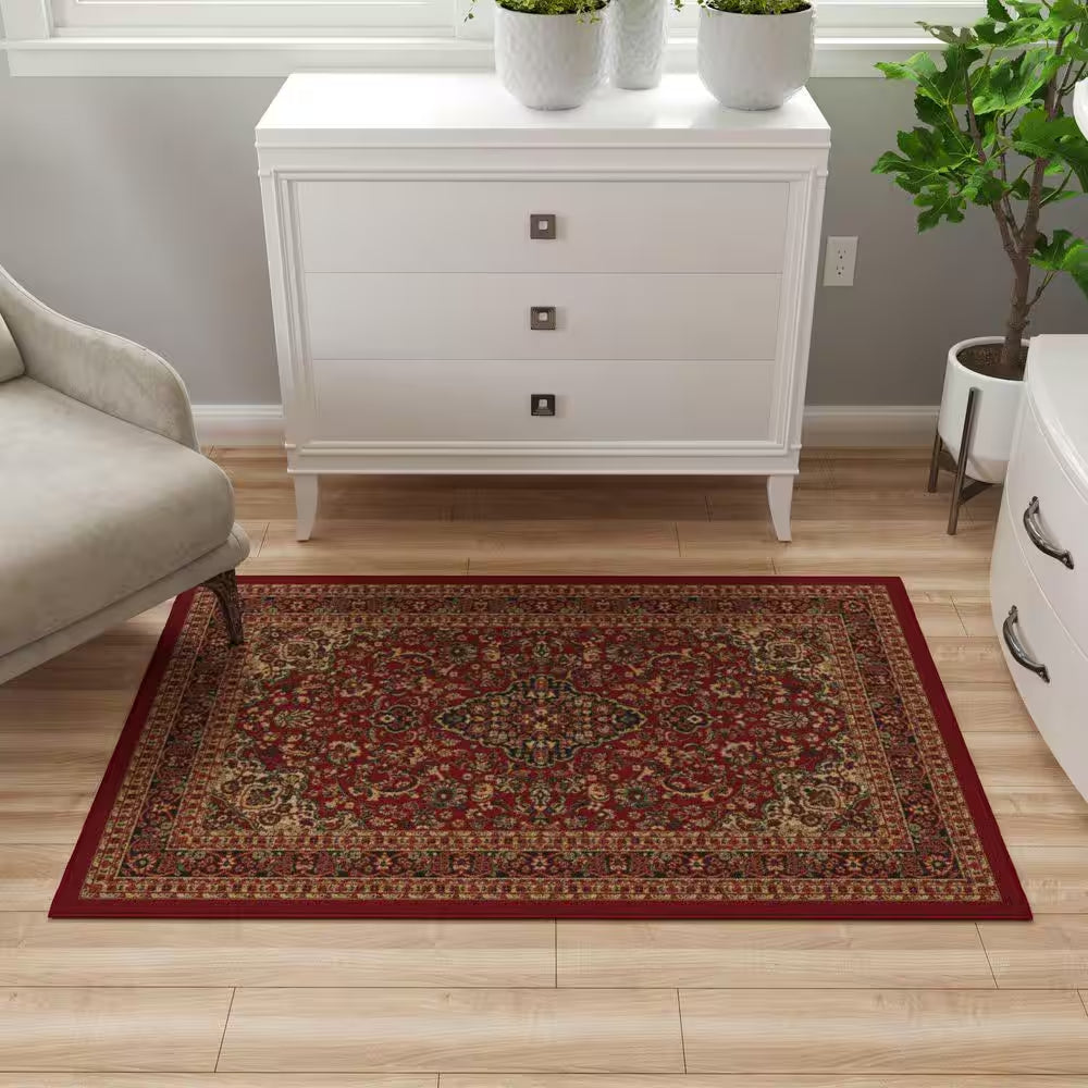 Ottohome Collection Non-Slip Rubberback Medallion Oriental Design 3X5 Indoor Area Rug, 3 Ft. 3 In. X 5 Ft., Dark Red