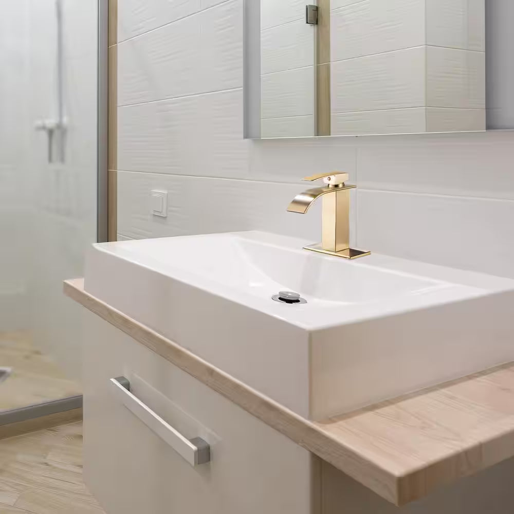 Single-Handle Arc Single-Hole Bathroom Faucet with Waterfall in Brushed Gold