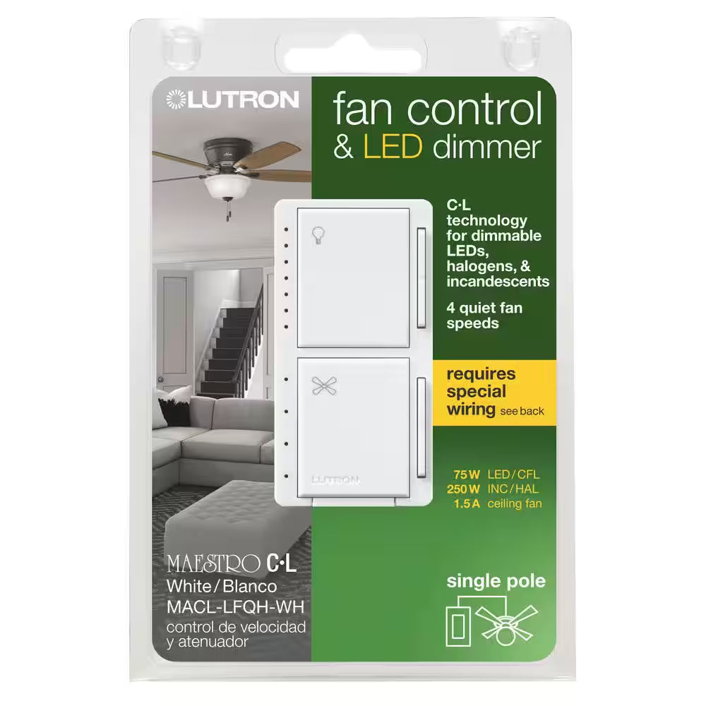Maestro Fan Control and Light Dimmer for Dimmable LED and Incandescent Bulbs, 75W/Single-Pole, White (MACL-LFQH-WH)