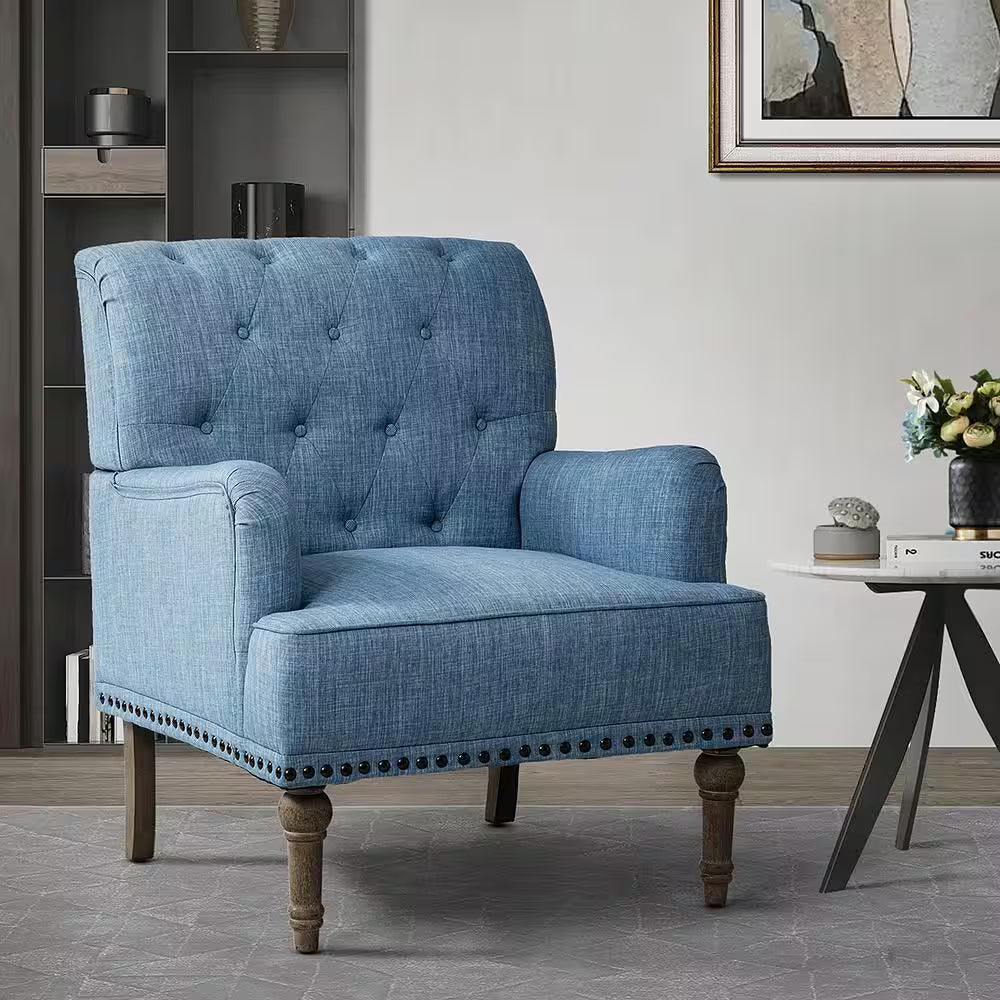 Leobarda Classic Traditional Blue Tufted Armchair with Nailhead Trim and Solid Wood Legs