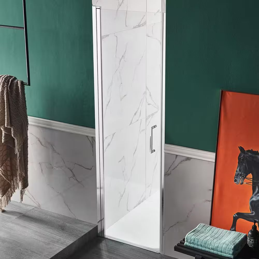 Lancer Series 23.4 In. X 72 In. H Hinged Frameless Shower Door in Polished Chrome with Tsunami Guard Tempered Glass