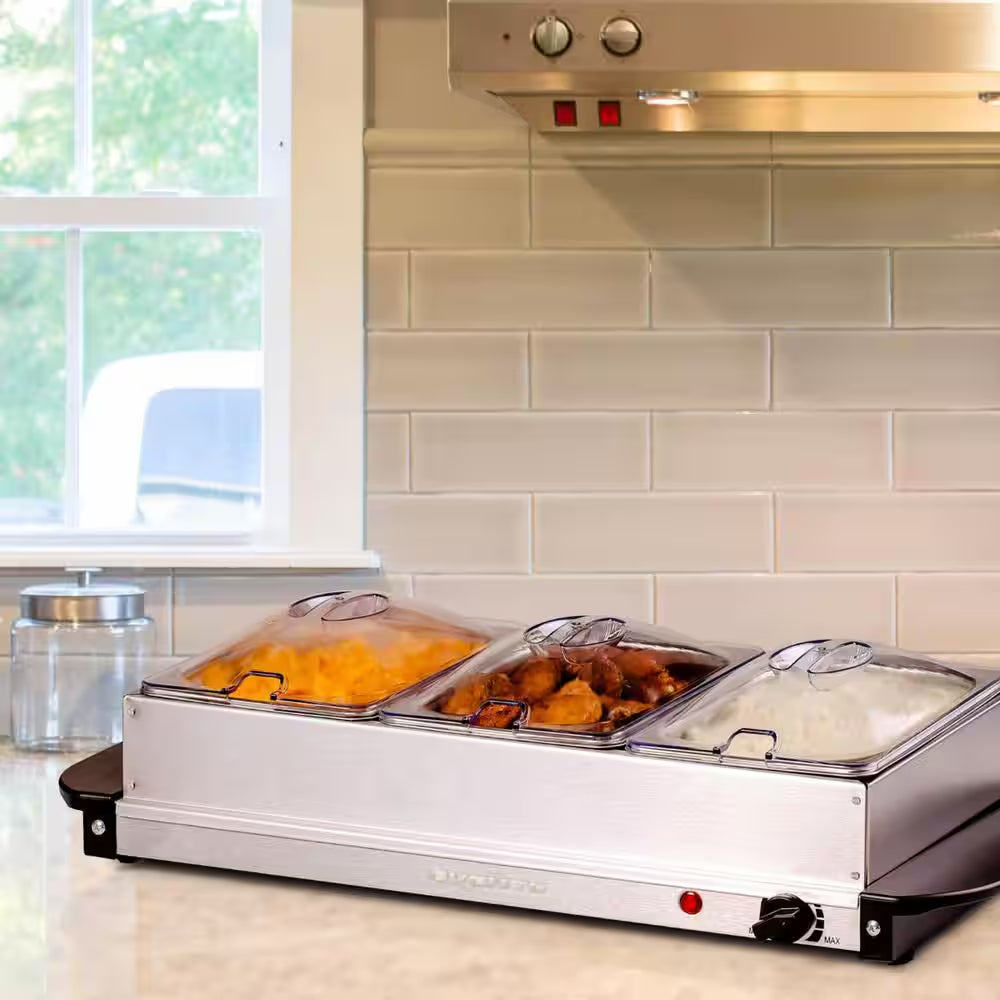 Electric Buffet Server and Food Warmer with 3 1.5 Qt. Pan and Stainless Steel Warming Tray