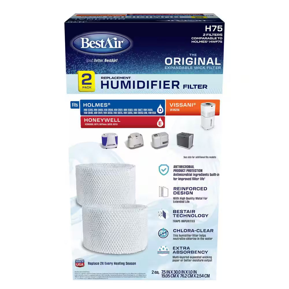 H75 Value Humidifier Wick Filter for Holmes, Vissani, Bionaire, Sunbeam (2-Pack)