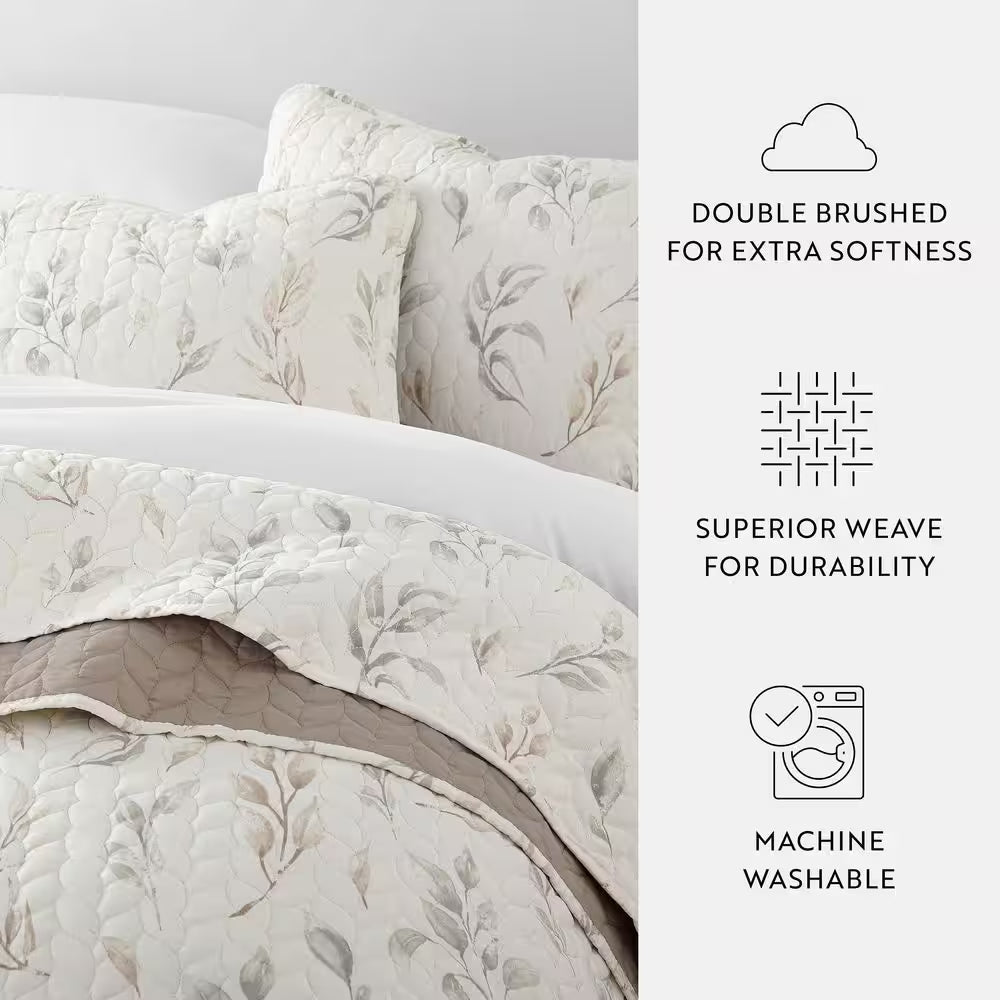 All Season 3-Pcs Latte Watercolor Leaves/Stripe Reversible Microfiber Quilt Set with Shams