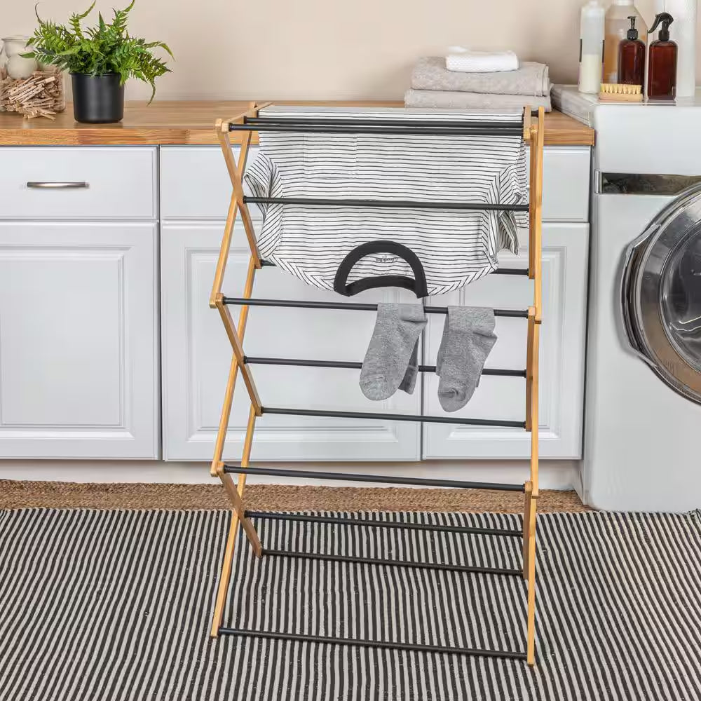 Black 39.37 In. X 14.17 In. X 23.62 In. Bamboo Free Standing Folding Drying Rack