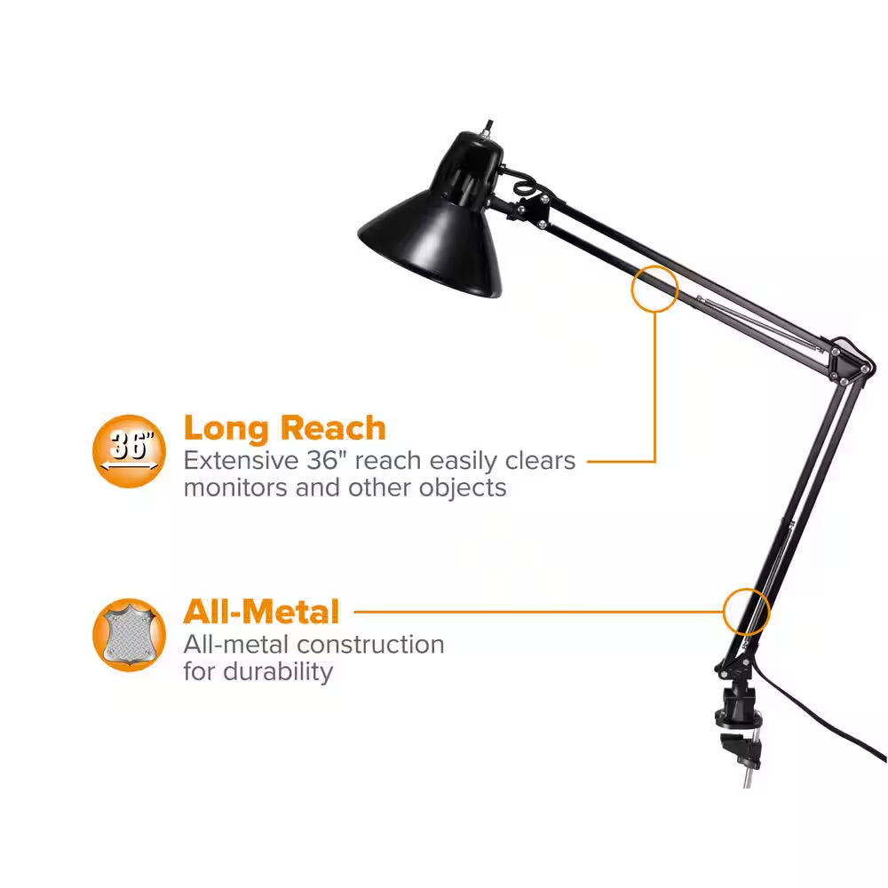 36 In. Black Metal Swing Arm LED Desk Lamp with Clamp