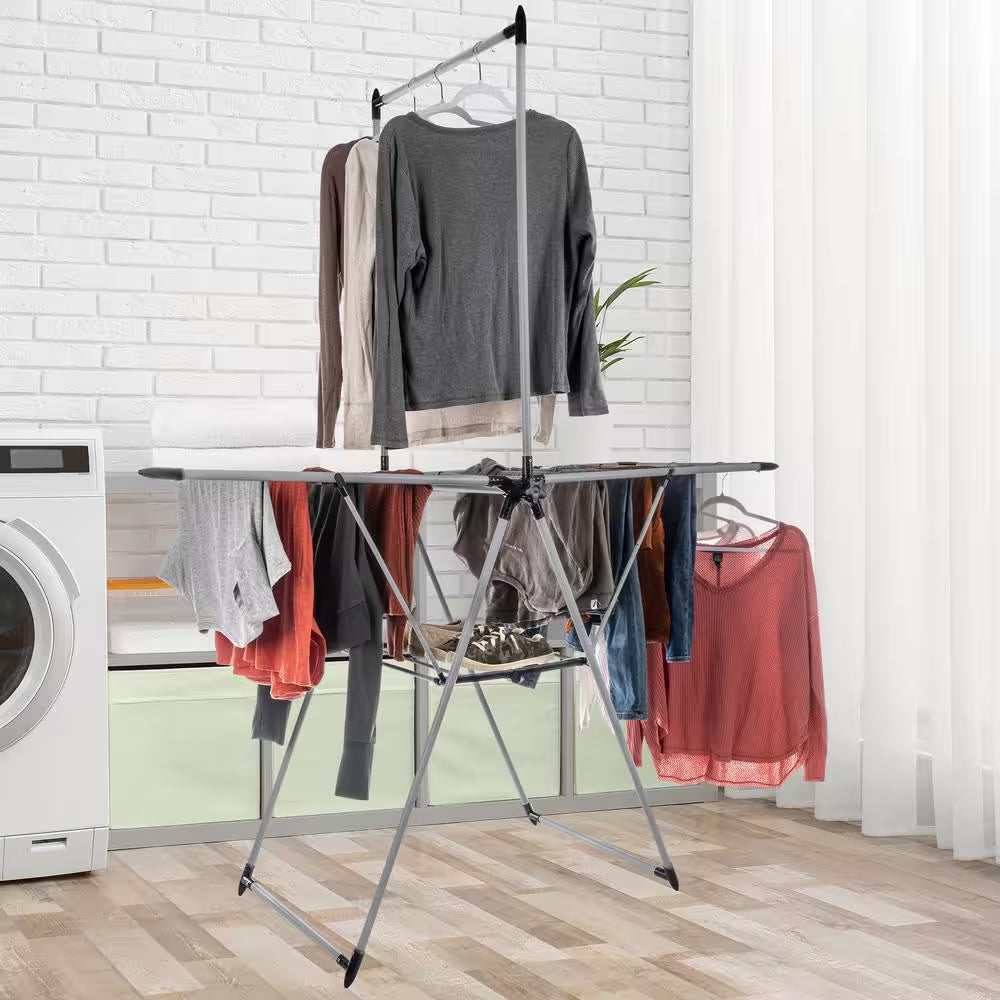 Clothes Drying Rack - 2-Level Laundry Drying Rack with 24 Drying Rails, Hanging Bar, and 2 Height-Adjustable Wings