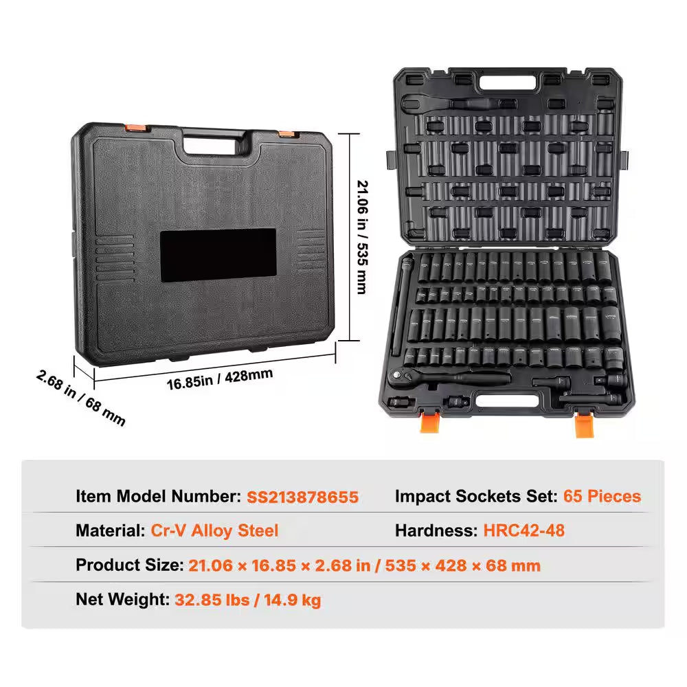 1/2 In. Drive Impact Socket Set,65 Piece Socket Set SAE 3/8 In. to 1-1/4 In. and Metric 10-24Mm,6 Point Cr-V Alloy Steel