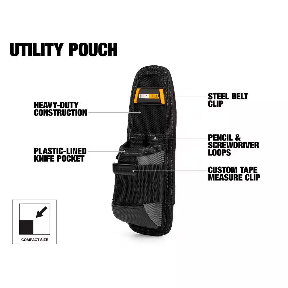 Utility Pouch, Black with 5 Pockets and Loops Including Plastic-Lined Utility Knife Pocket