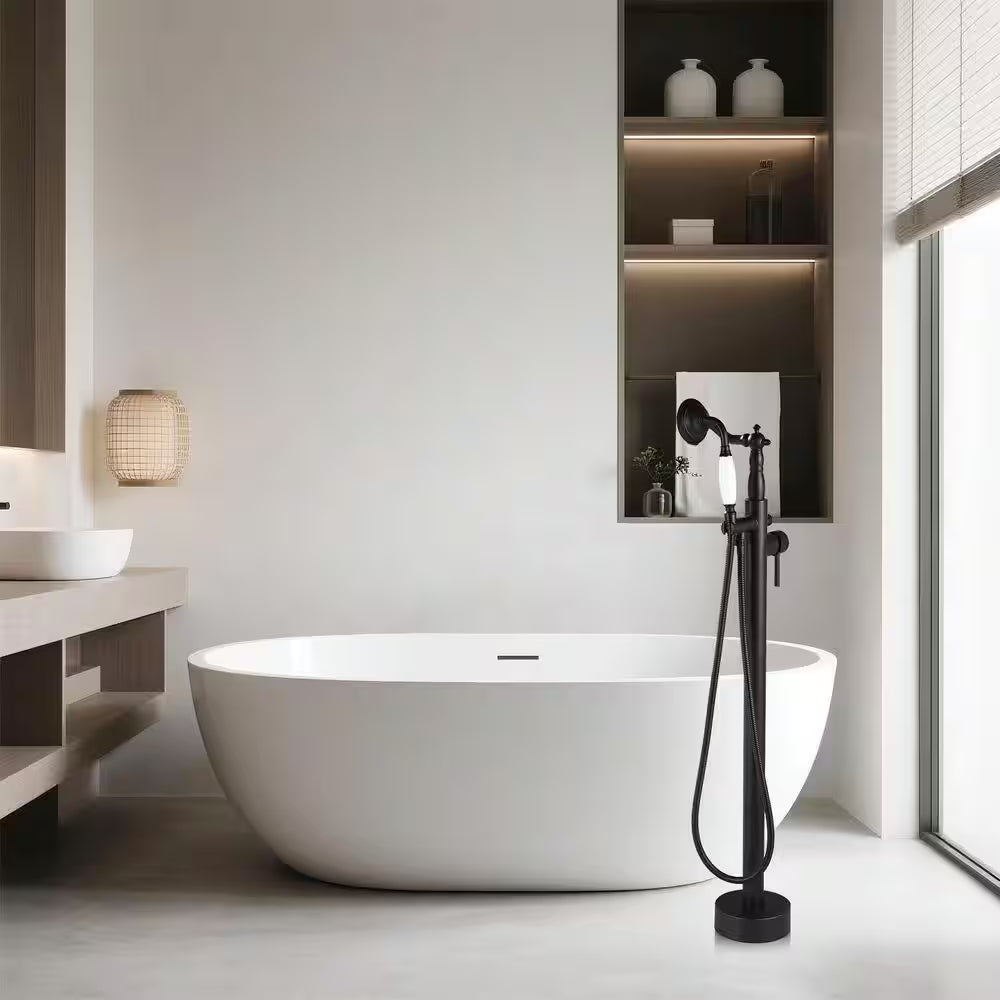 Single-Handle Floor-Mount Roman Tub Faucet with Hand Shower in Matte Black