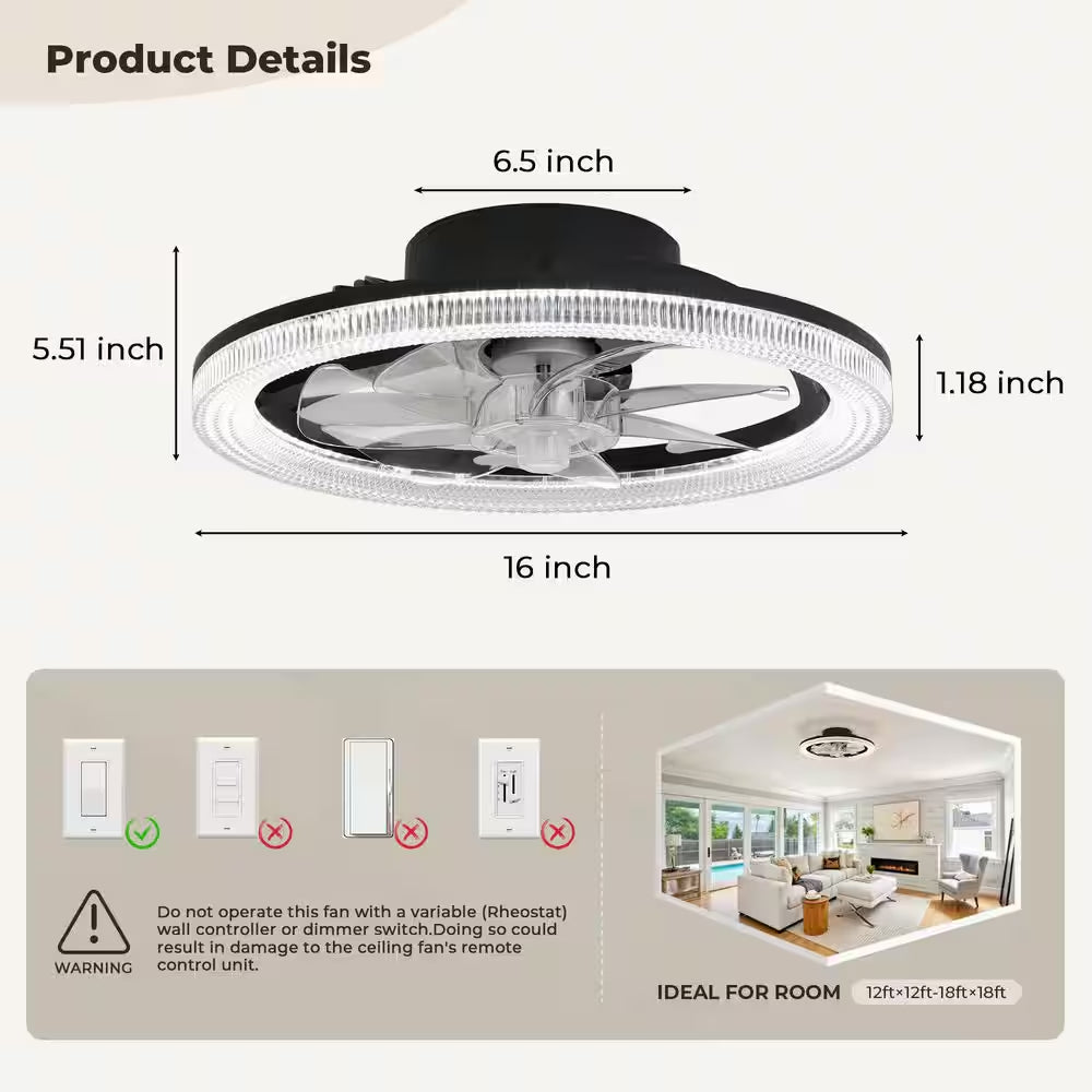 16 In. Smart Modern Indoor Black Low Profile Color Changing Standard Flush Mount Ceiling Fan Light with LED for Bedroom