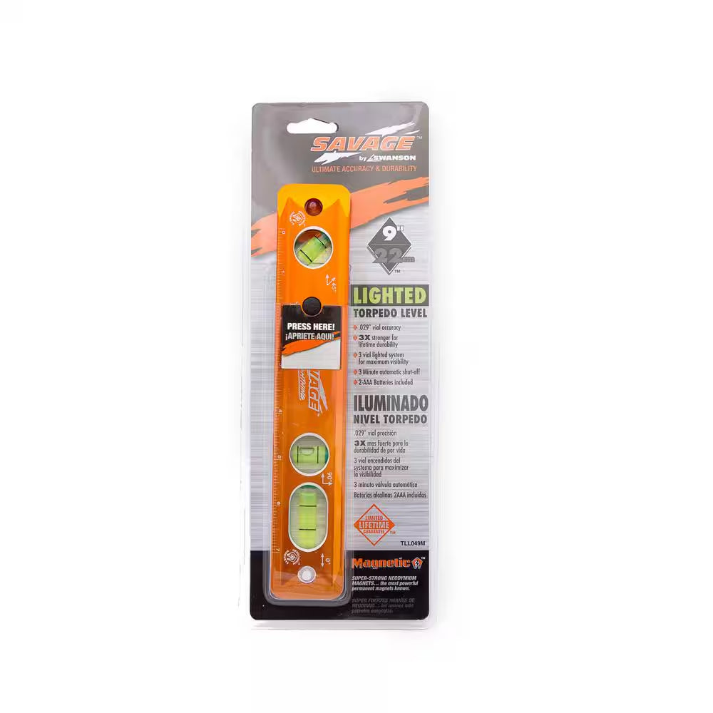 9 In. Aluminum Lighted Magnetic Torpedo Level with 3 Bubble Vials, Etched Ruler and Straight Edge