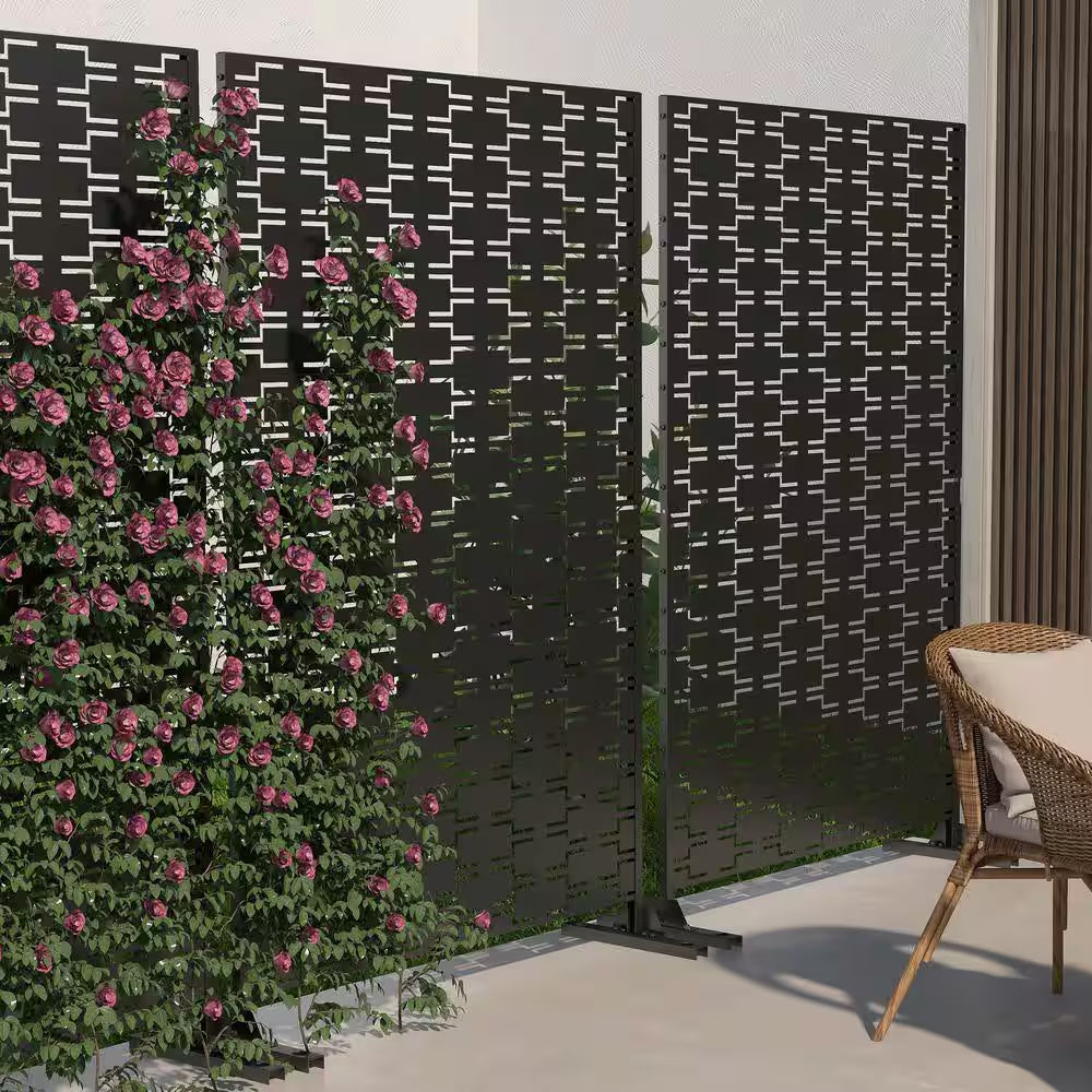76 In. Galvanized Steel Garden Fence Outdoor Privacy Screen Garden Screen Panels in Black