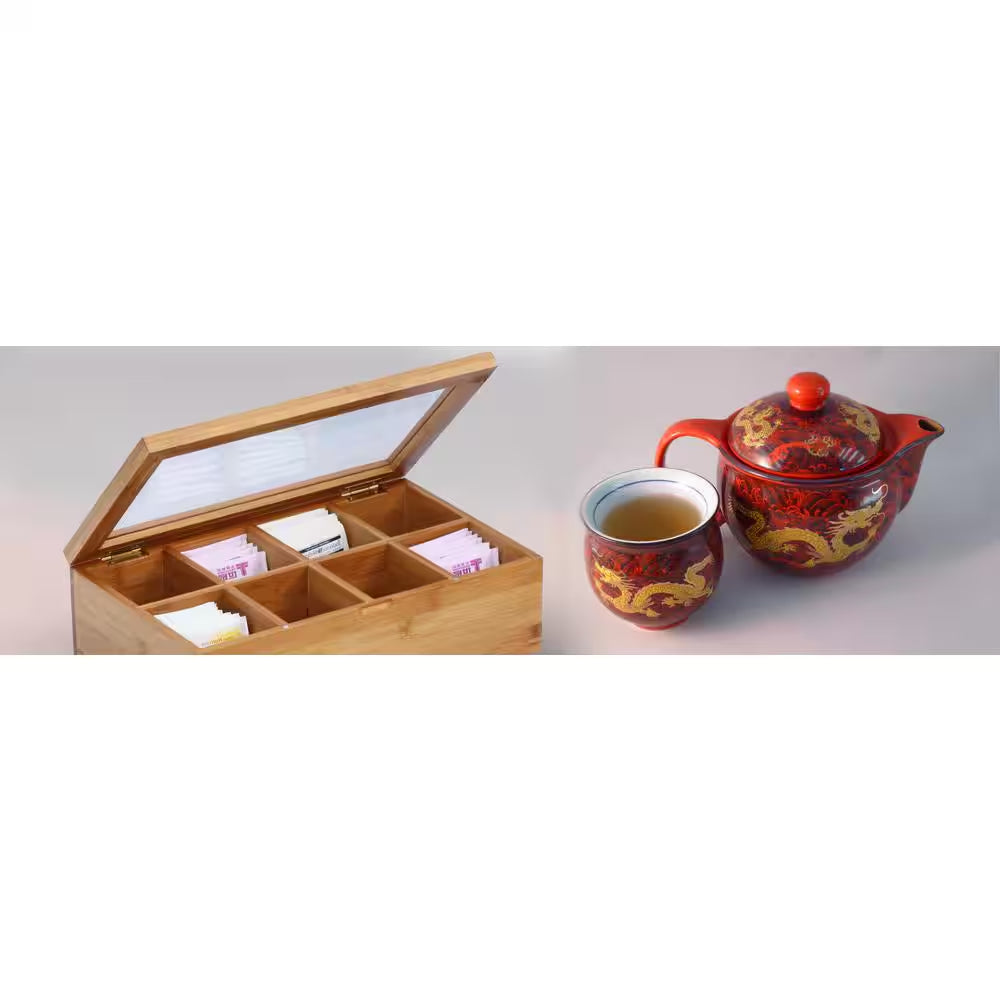 8-Compartment Bamboo Tea Box with Hinged Lid