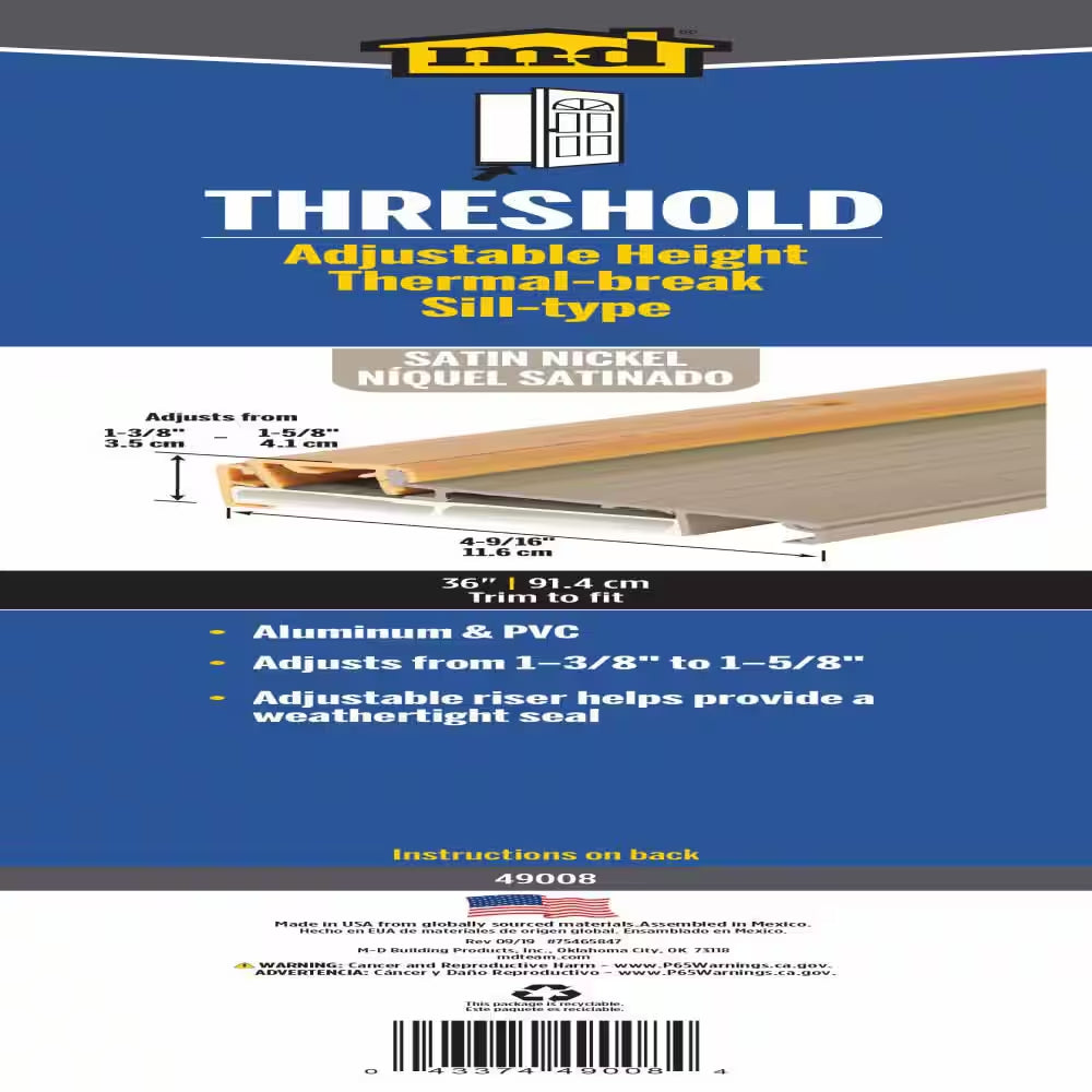 4-9/16 In. X 1-3/8 In. X 36 In. Satin Nickel Adjustable Aluminum Thermal Break Threshold