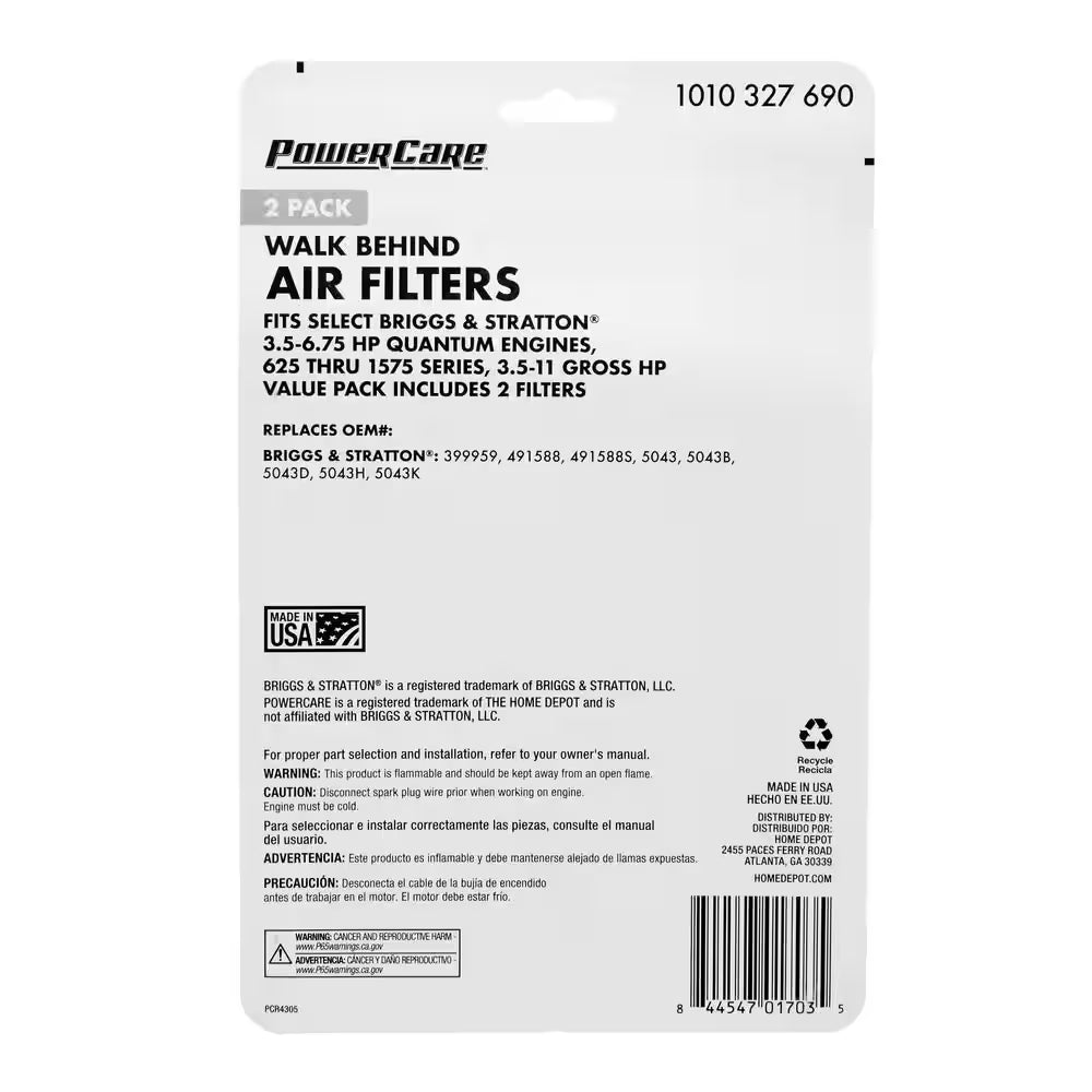 2-PK Air Filter for Briggs and Stratton Engines, Replaces OEM Numbers 491588S, 5043K