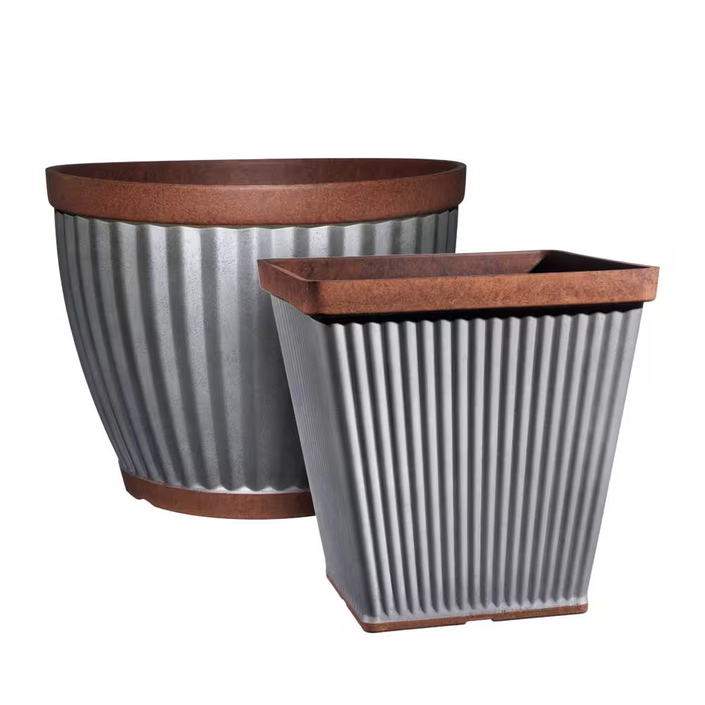 Spokane Medium Galvanized Resin round Planter with Copper Rim (16 In. L X 16 In. W X 12 In. H)