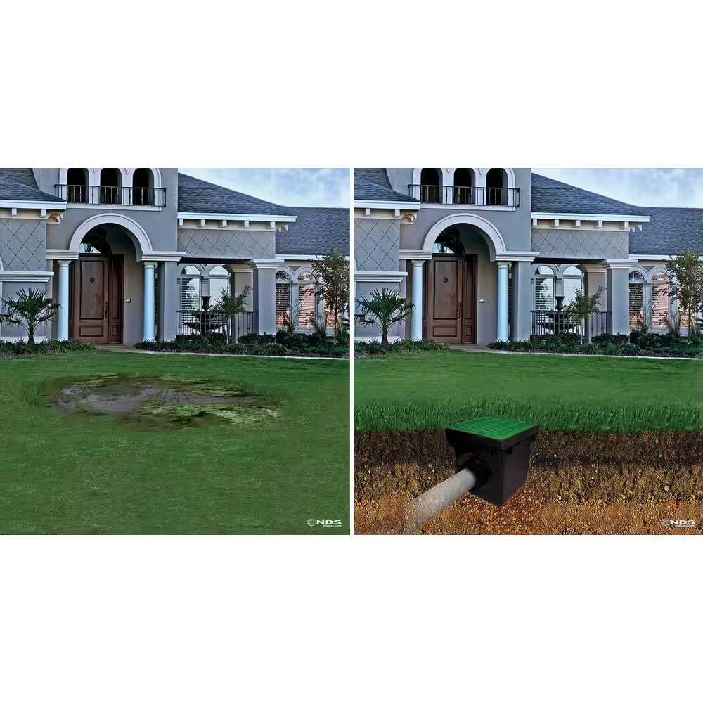 12 In. Plastic Square Drainage Catch Basin, 2 Opening Kit with Metal Grate