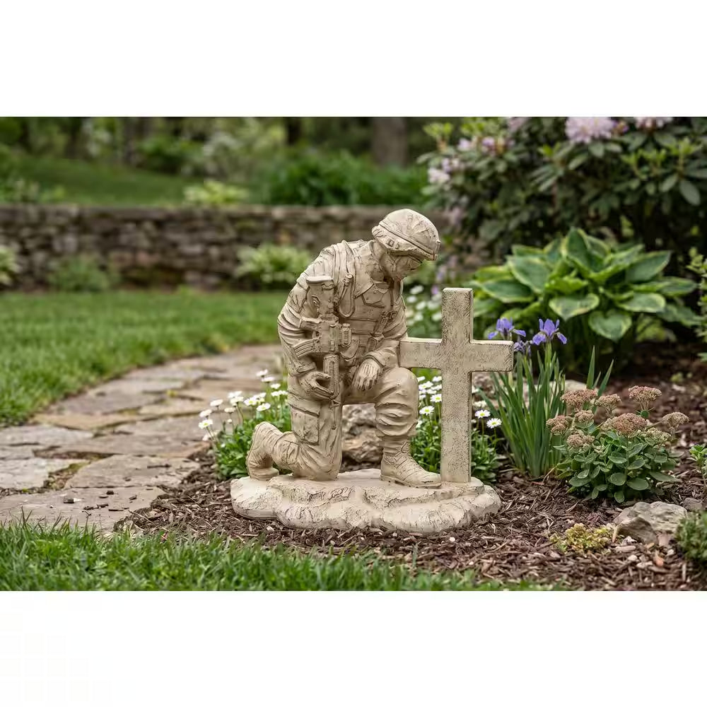 Kneeling Soldier at Cross Concrete Garden Statue