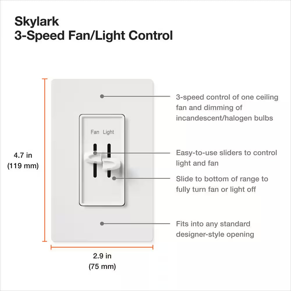 Skylark Combination Fan and Light Control, 3-Speed, 1.5 Amp Fan/300W Incandescent, Single-Pole, White (S2-LFSQH-W