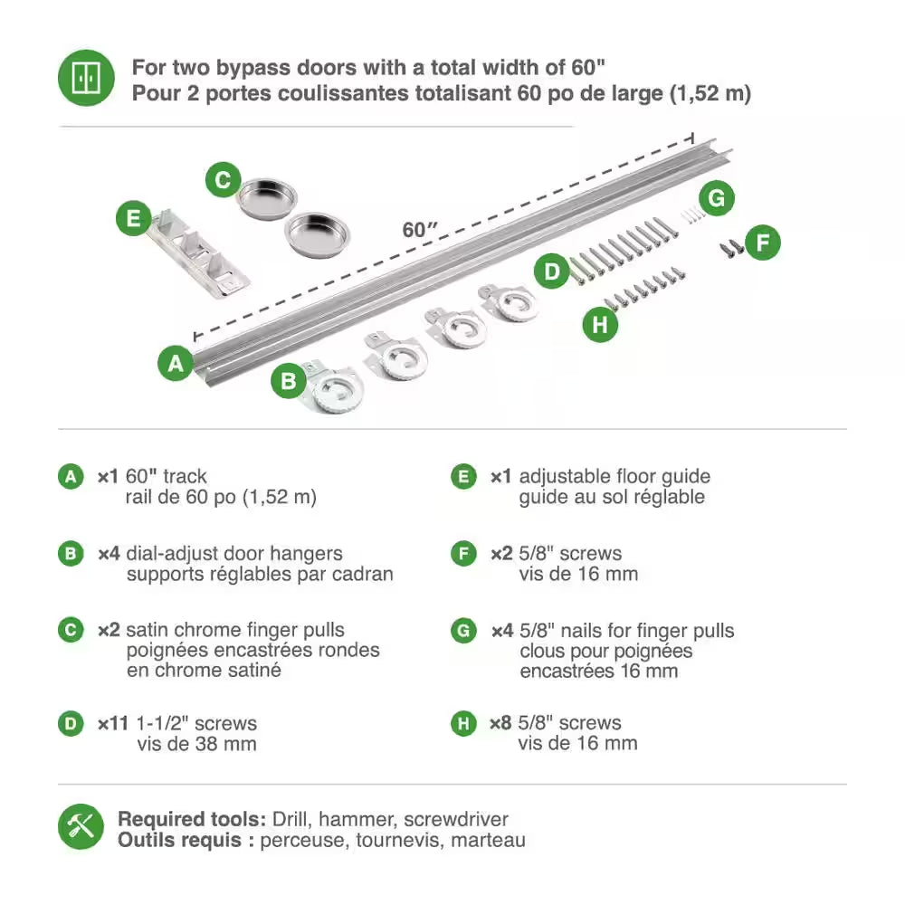 60 In. (1520 Mm) Bypass Sliding 2 Door Complete Hardware Kit with Zinc Track