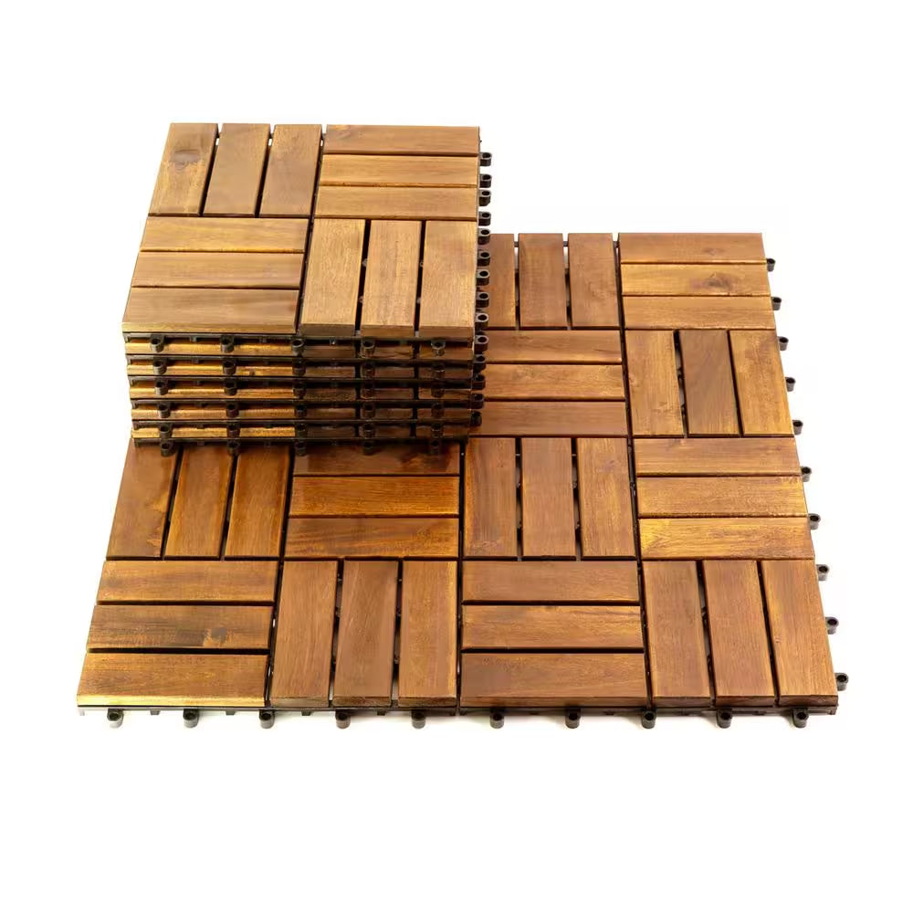 12 In. X 12 In. Acacia Wood Interlocking Flooring Deck Tile Checker Pattern Brown 12-Slats,10-Pieces Covering 10 Sq. Ft.