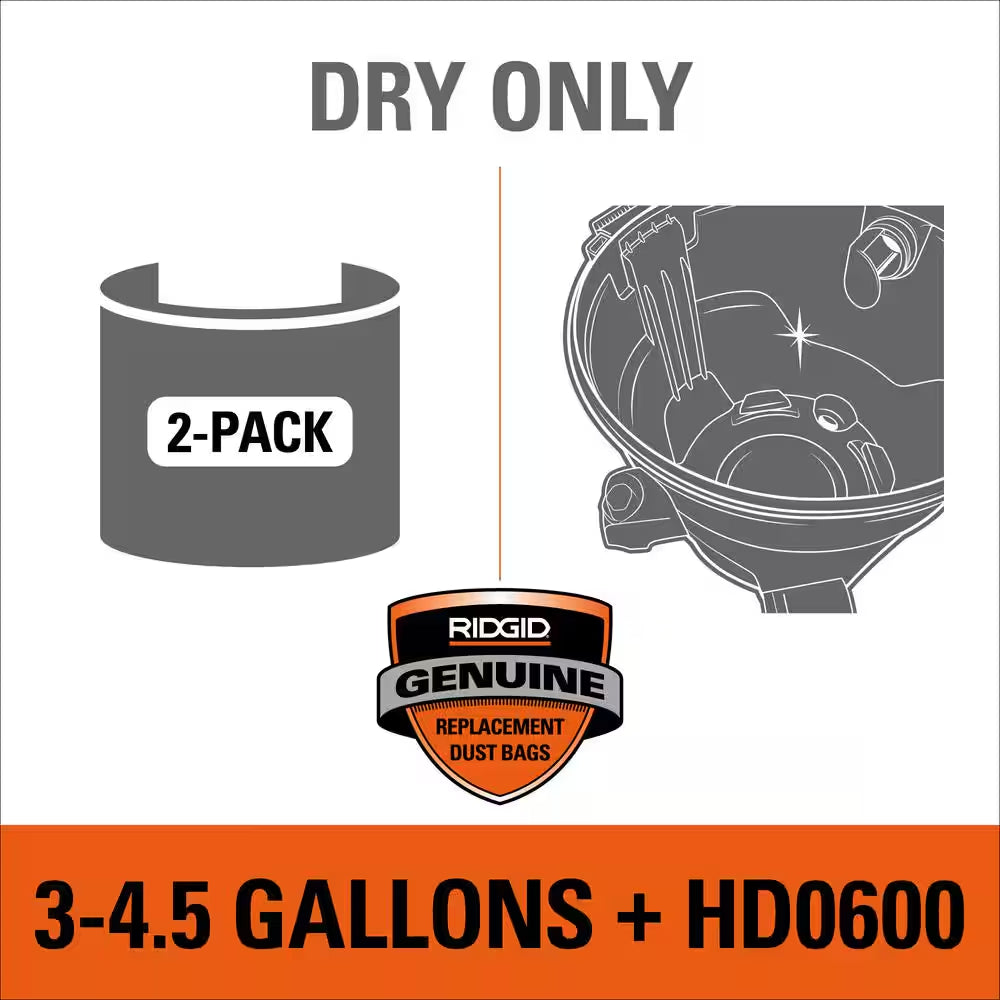 Genuine VF3501 Wet Dry Vac Dry Pick-Up Only Dust Bags for 3-4.5 Gallon and HD0600 Shop Vacuums, Size C (2-Pack)