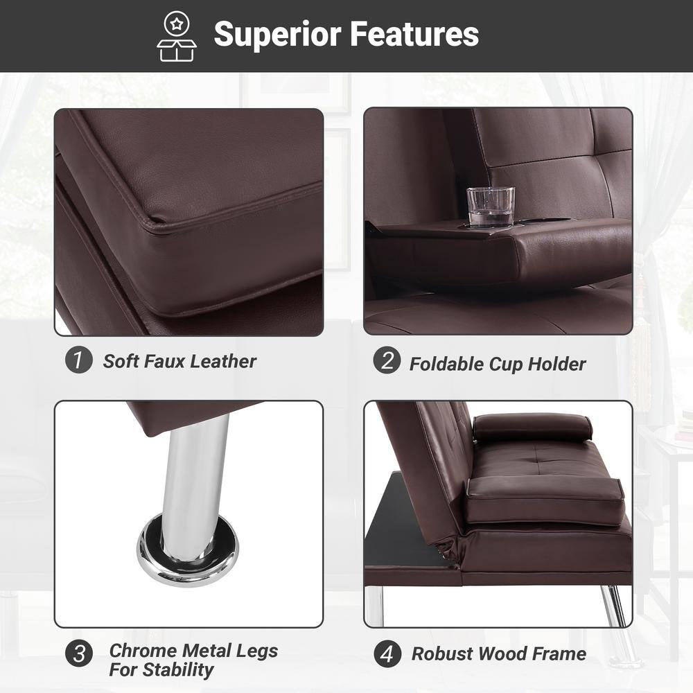 66 in Espresso Futon Sofa Mattress Faux Leather Couch with Armrest and 2-Cupholders Square Arm Rectangle with Metal Legs