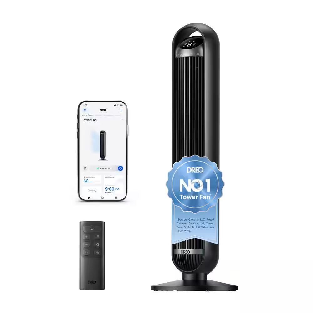 36 In. Smart Tower Fan, 8 Speed, DC Motor, 25 DB Quiet, 90° Oscillating with Remote and Wi-Fi Voice Control in Black