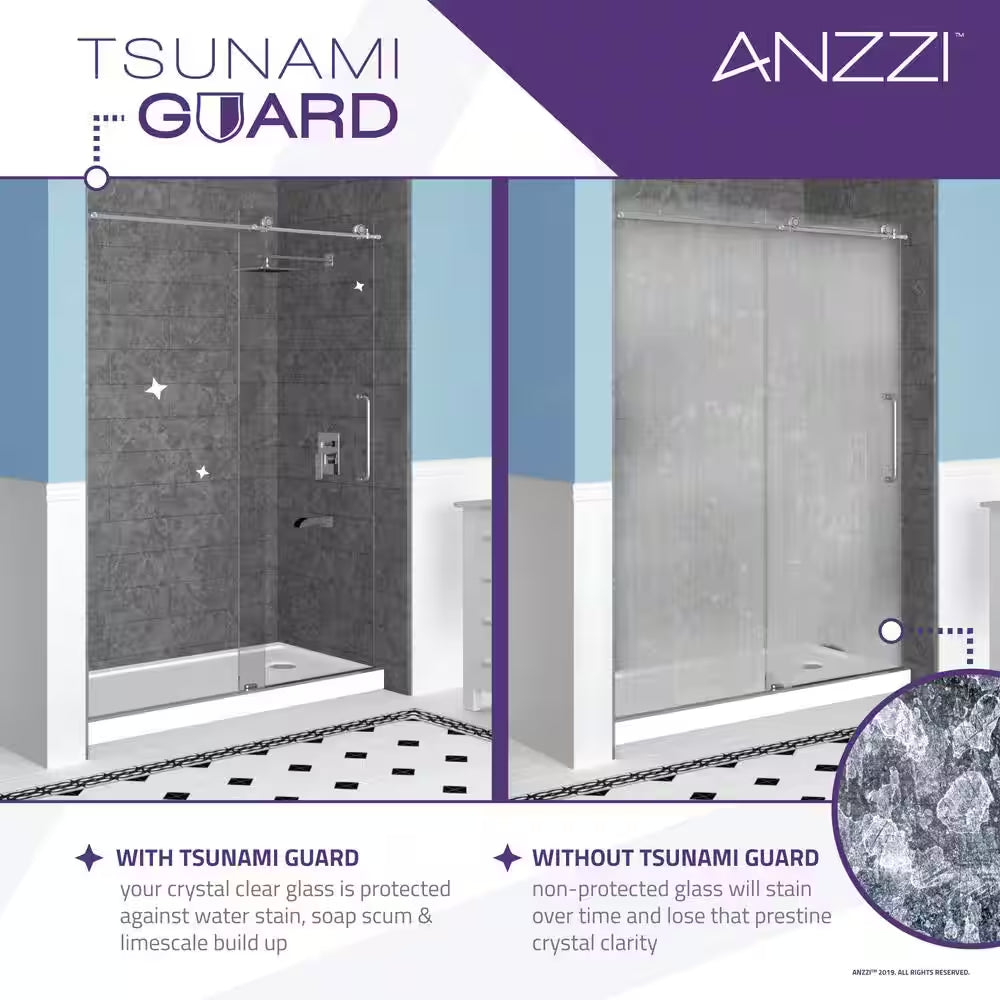 Lancer Series 23.4 In. X 72 In. H Hinged Frameless Shower Door in Polished Chrome with Tsunami Guard Tempered Glass