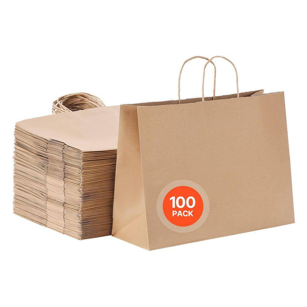 100-Pack Kraft Paper Bags W/ Handles, 16 X 6 X 12 In. Large Reusable and Recyclable, 3 Lbs. Capacity Bags, 2.5Lb.