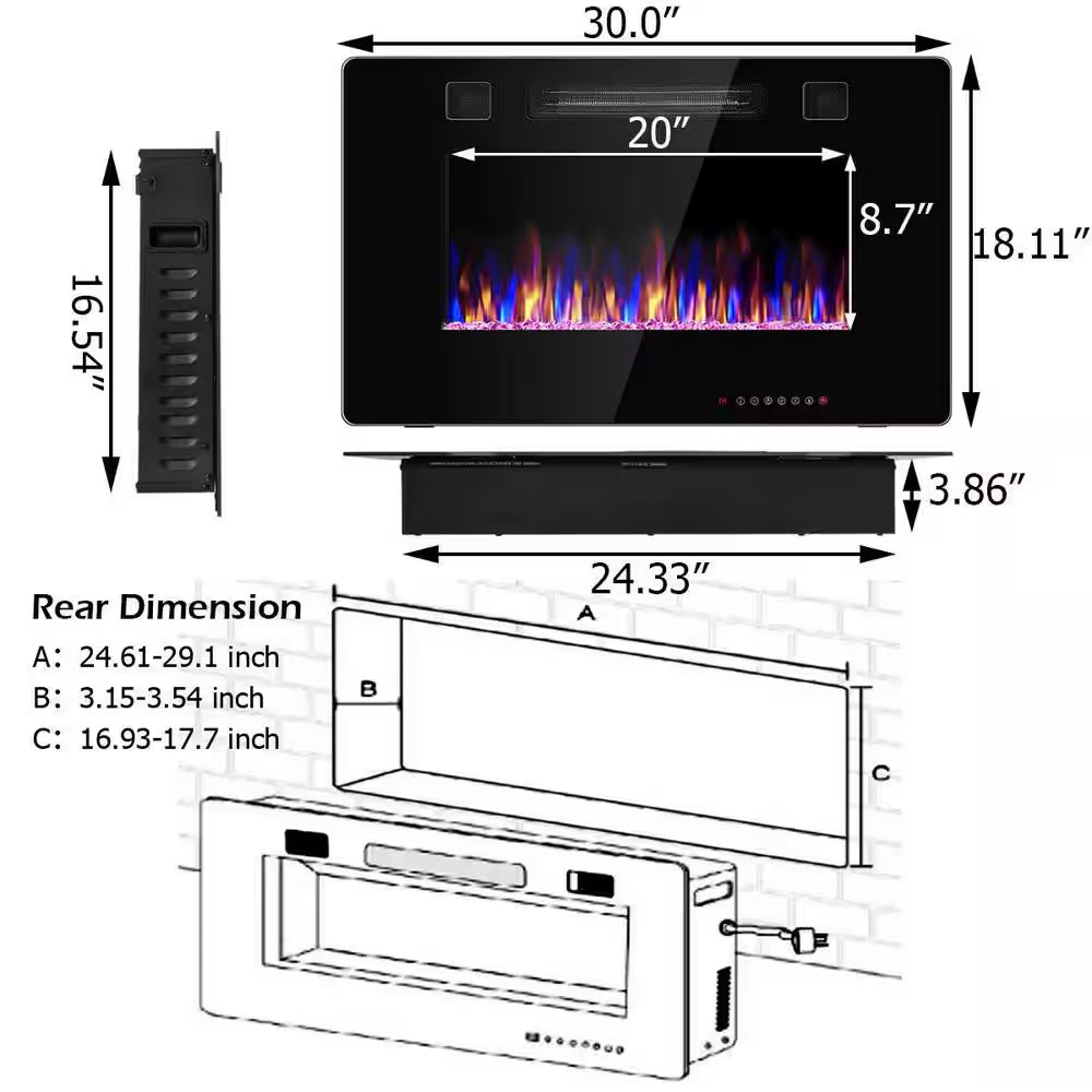 5100 BTU 30 In. Unvented Wall Electric Fireplace Power Furnace in Black