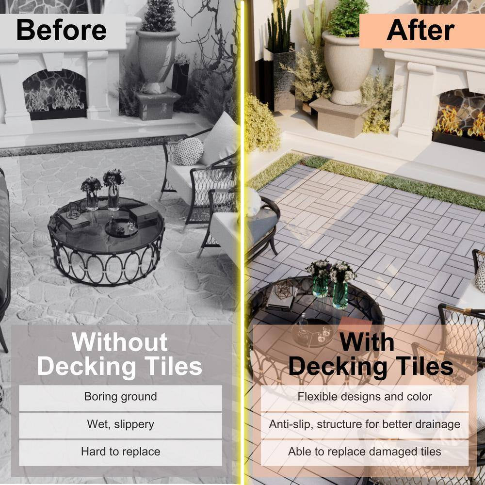 12 In. X 12 In. Wood Interlocking Flooring Tiles Indoor Outdoor Patio Garden Deck Poolside Balcony, 10-Pack, Gray