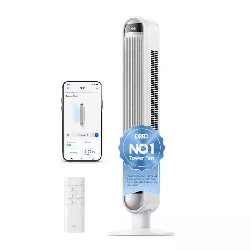 Smart Essential 42 In. 6 Fan Speeds Tower Fan in White with Wi-Fi, Voice Control, Remote and 90° Oscillation