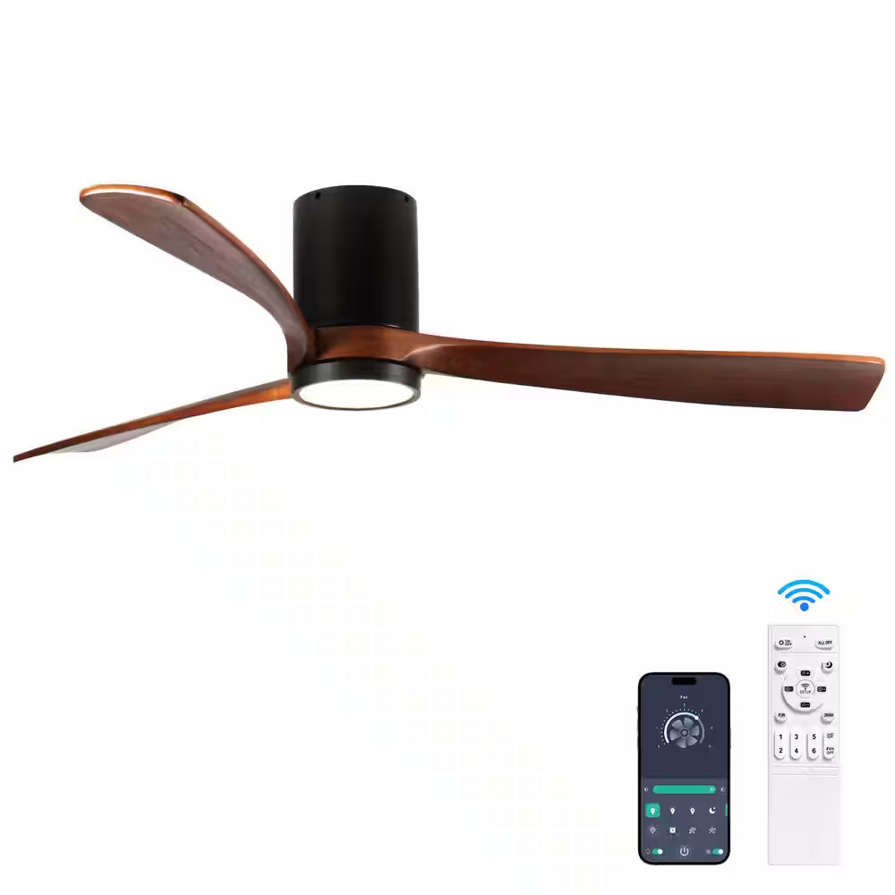 60 In. Indoor/Outdoor Black Modern Flush Mount LED Ceiling Fan with 3-Colors Dimmable and Remote APP Control