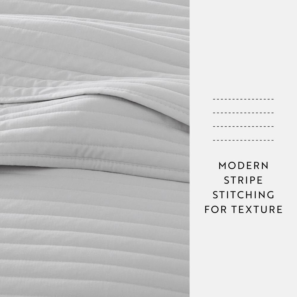 All Season 3-Pcs Light Gray Microfiber Twin/Twin XL Stripe Stitch Quilt Set with Shams