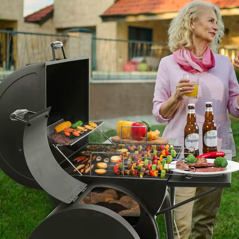 Charcoal Grill with Offset Smoker and Side Table in Black plus a Cover