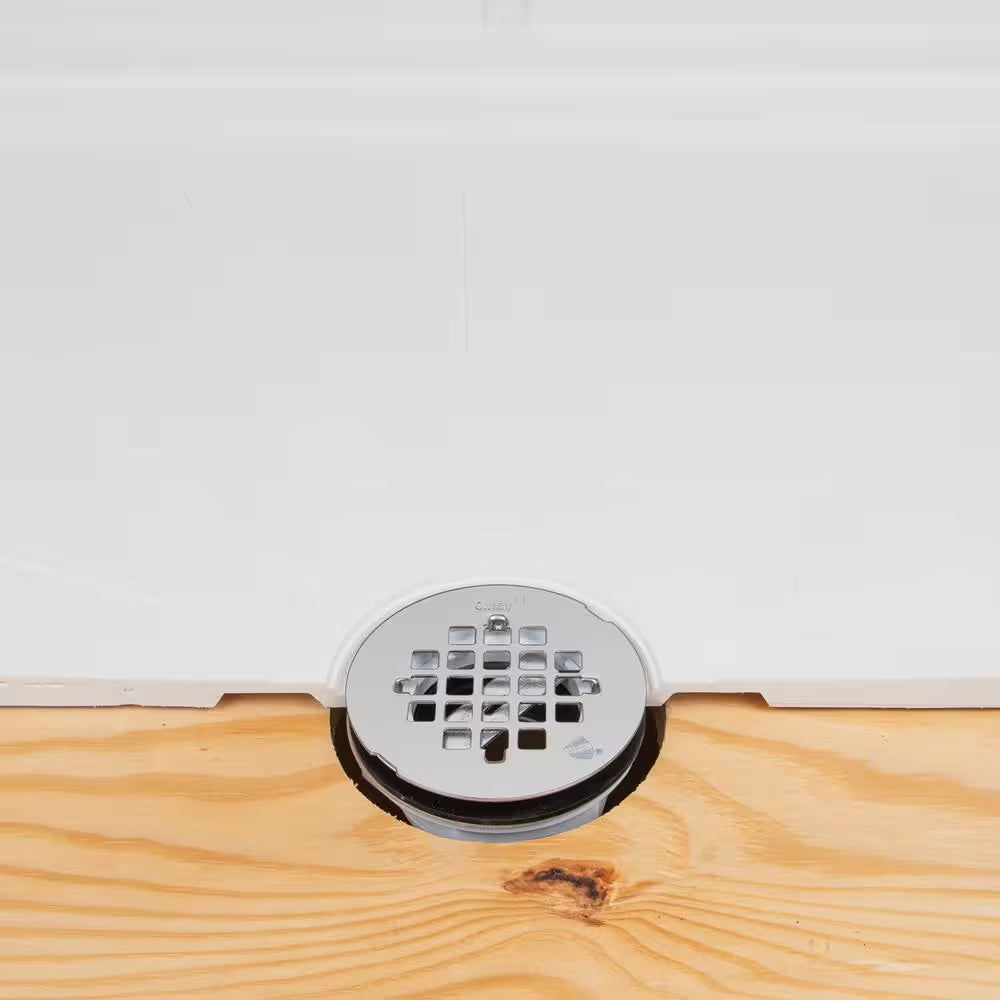 Round No-Caulk White PVC Shower Drain with 4-1/4 In. round Snap-In Stainless Steel Drain Cover