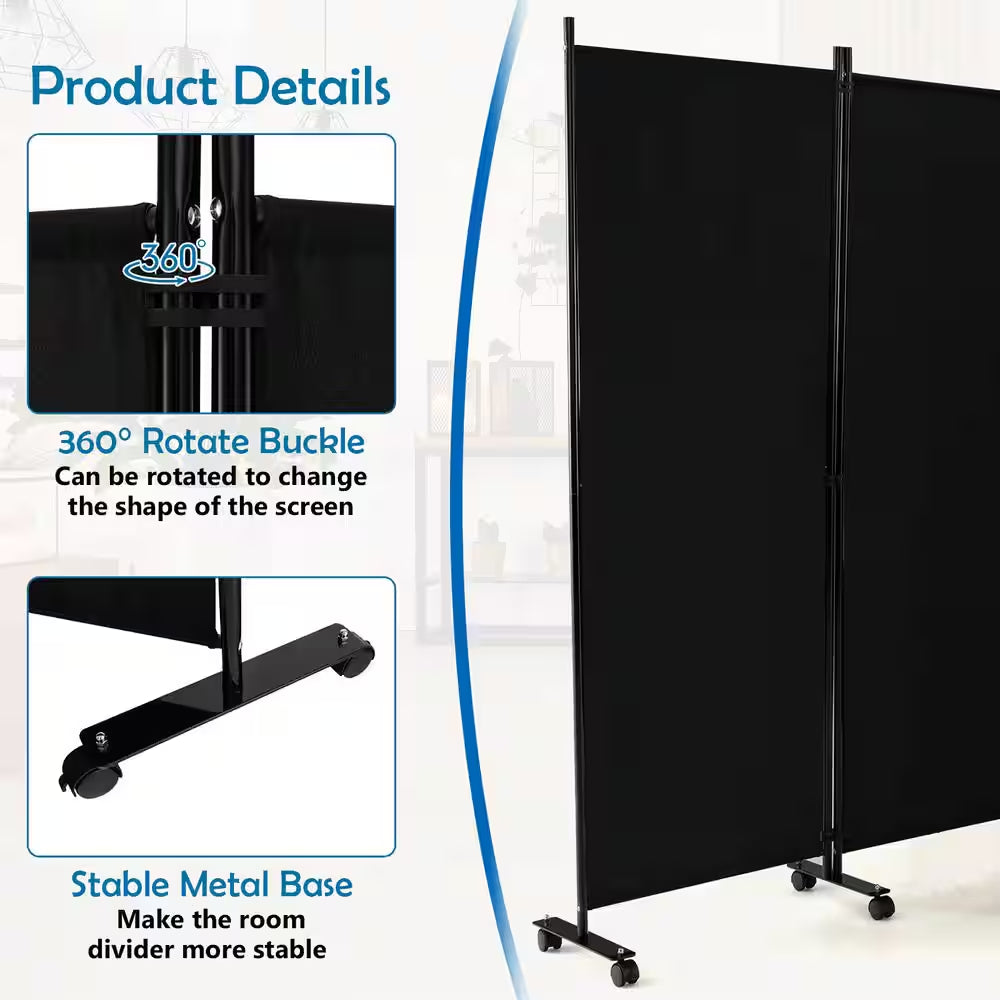 6-Panel Folding Room Divider 6 Ft. Rolling Privacy Screen with Lockable Wheels Black