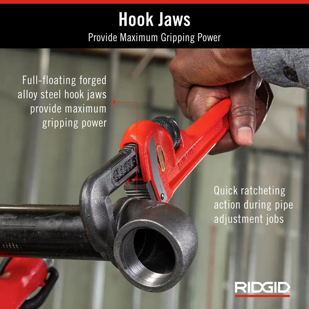 14 In. Straight Pipe Wrench for Heavy-Duty Plumbing, Sturdy Plumbing Pipe Tool with Self Cleaning Threads and Hook Jaws