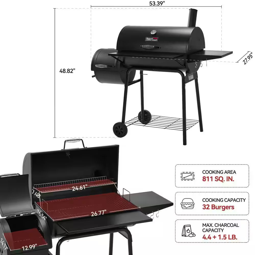 Charcoal Grill with Offset Smoker and Side Table in Black plus a Cover